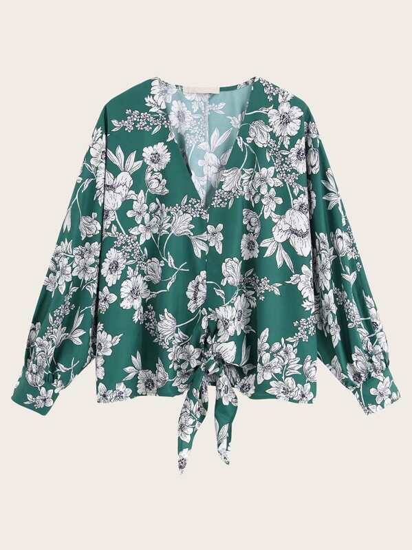 

Floral Print Tie Front Blouse, Multicolor