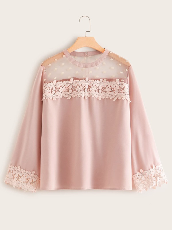 

Plus Mesh Insert Lace Trim Blouse, Pink