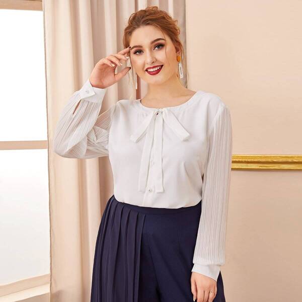 

Plus Plisse Sleeve Tie Front Blouse, White