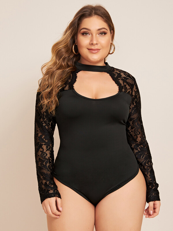 

Plus Lace Contrast Peekaboo Front Bodysuit, Black, Carol