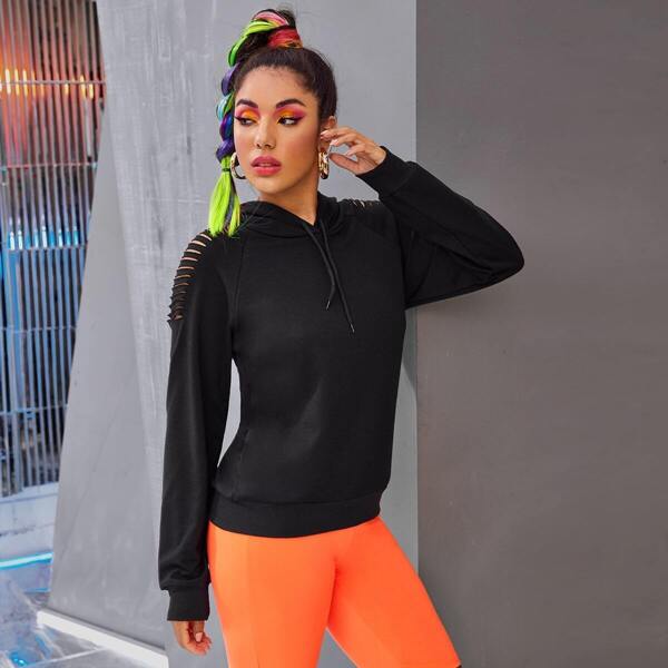 

Solid Ladder Ripped Drawstring Hoodie