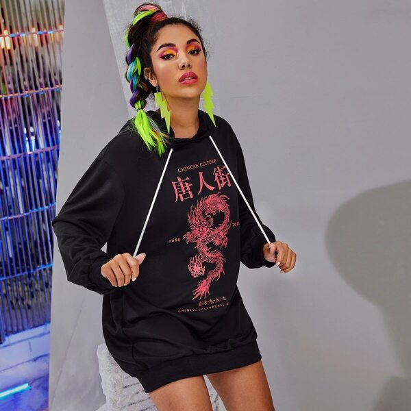 

Dragon & Letter Print Drawstring Hooded Sweatshirt Dress, Black