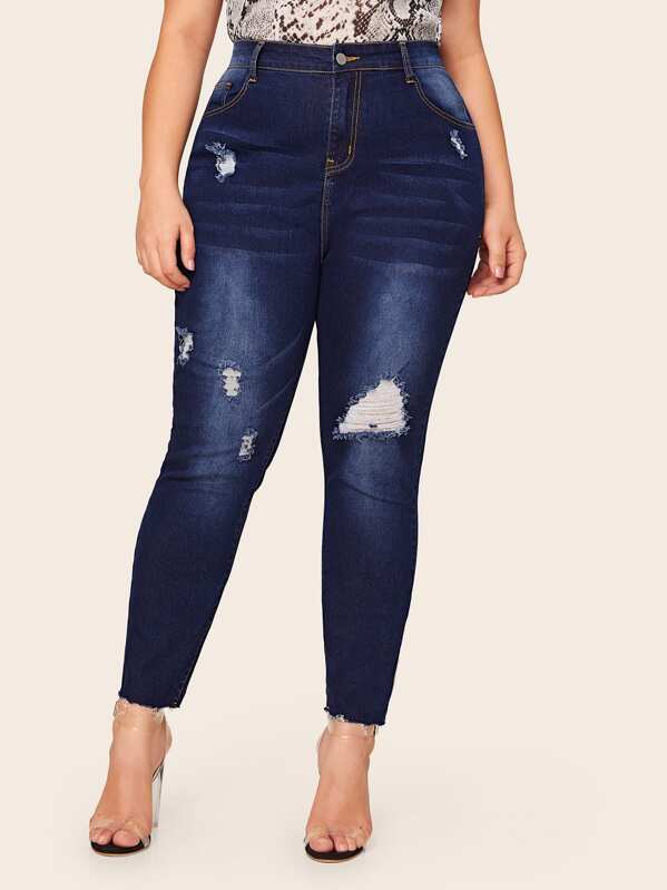

Plus Ripped Raw Hem Skinny Jeans, Navy, Carol