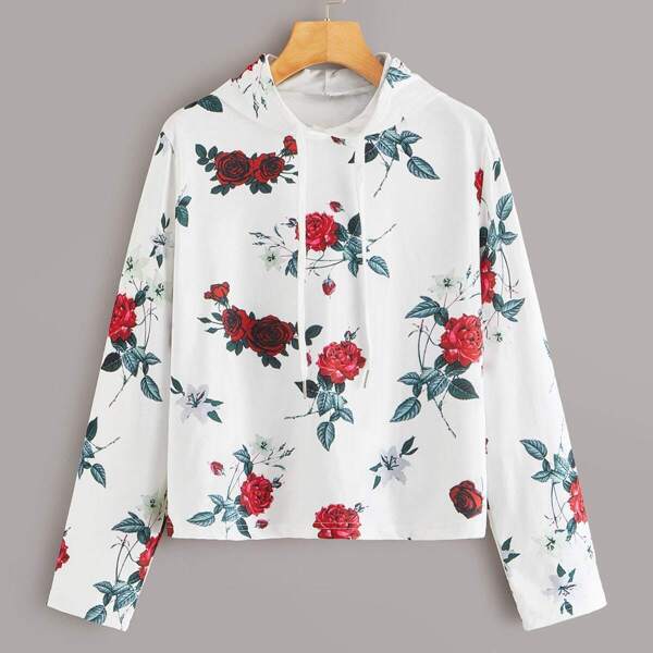 

Allover Rose Print Drawstring Hoodie, White