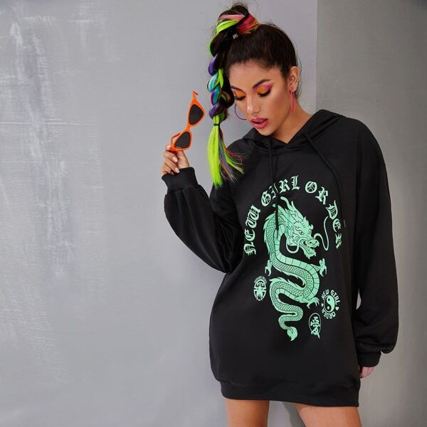 

Dragon & Letter Print Drawstring Hooded Sweatshirt Dress