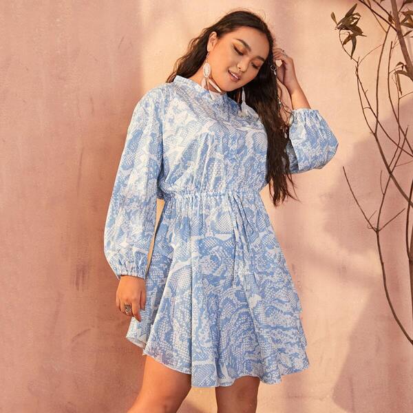 

Plus Snakeskin Print Stand Collar Dress, Blue