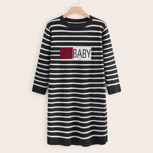 

Plus Striped Letter Pattern Sweater Dress, Black and white