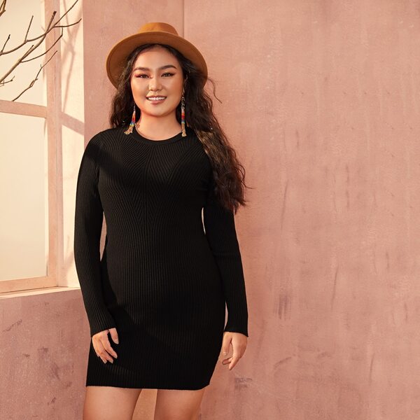 

Plus Solid Ribbed Fitted Sweater Dress