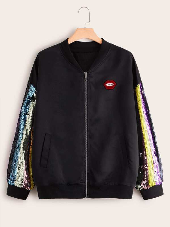 

Plus Sequins Contrast Mouth Embroidered Bomber Jacket, Black