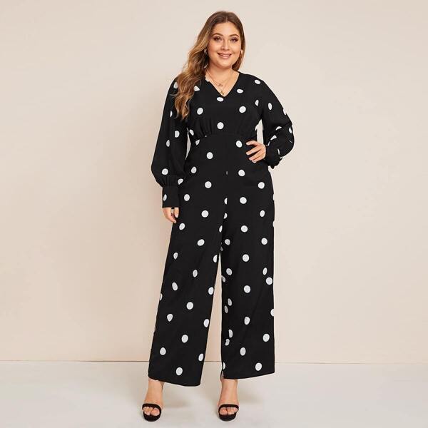 

Plus Polka Dot Keyhole Back Lantern Sleeve Jumpsuit, Black