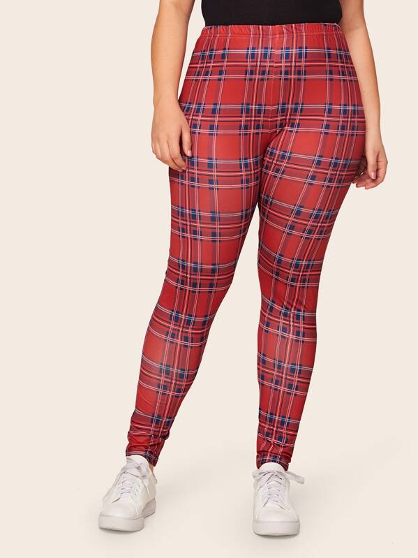 

Plus Plaid Print Skinny Leggings, Red, Carol