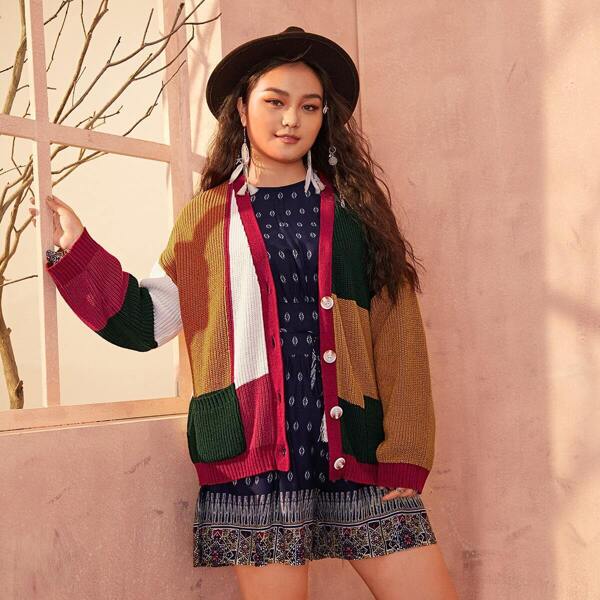 

Plus Colorblock Dual Pocket Cardigan, Multicolor