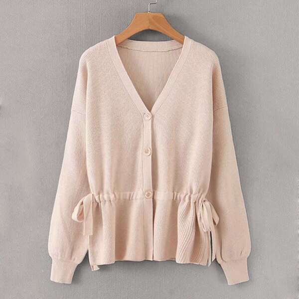 

Tie Side Drawstring Single Breasted Cardigan, Beige