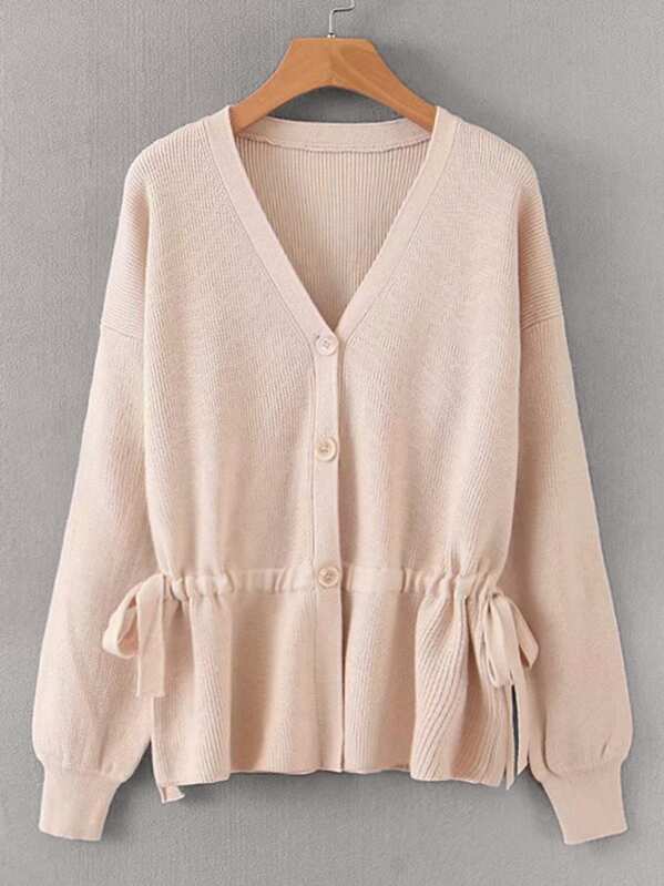 

Tie Side Drawstring Single Breasted Cardigan, Beige