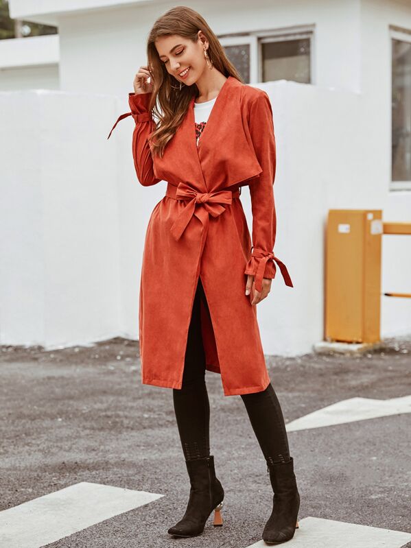 

Waterfall Collar Tie Sleeve Belted Trench Coat, Orange, Debi Cruz
