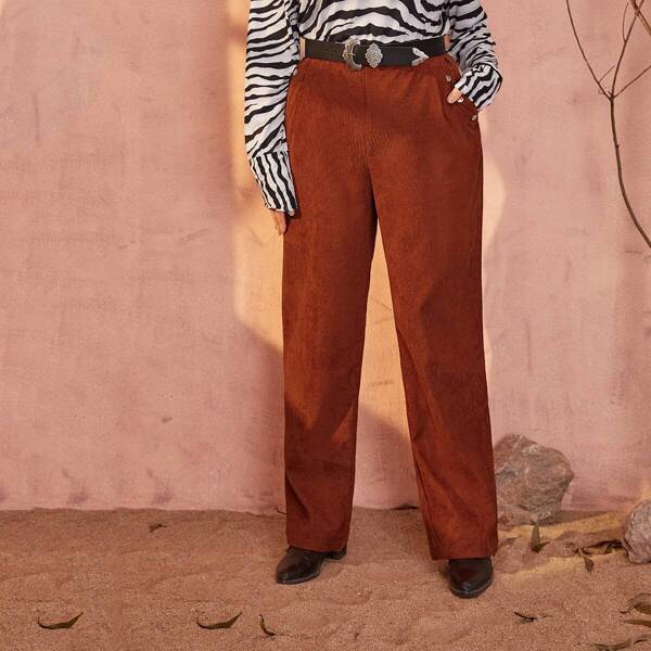 

Plus Button Detail Straight Corduroy Pants Without Belt, Brown