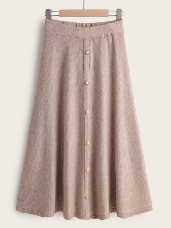 

Solid Button Detail Elastic Waist Sweater Skirt, Khaki