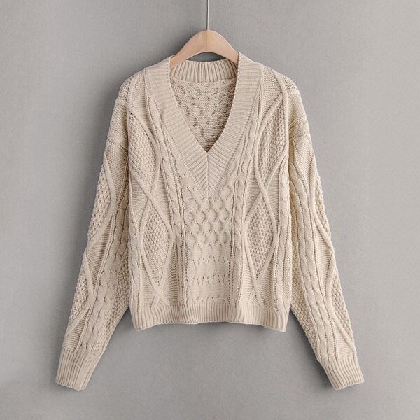 

Mixed Knit Drop Shoulder V Neck Sweater