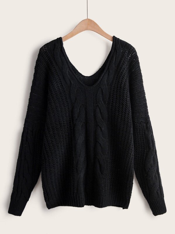 

Cable Knit Drop Shoulder V Neck Sweater, Black