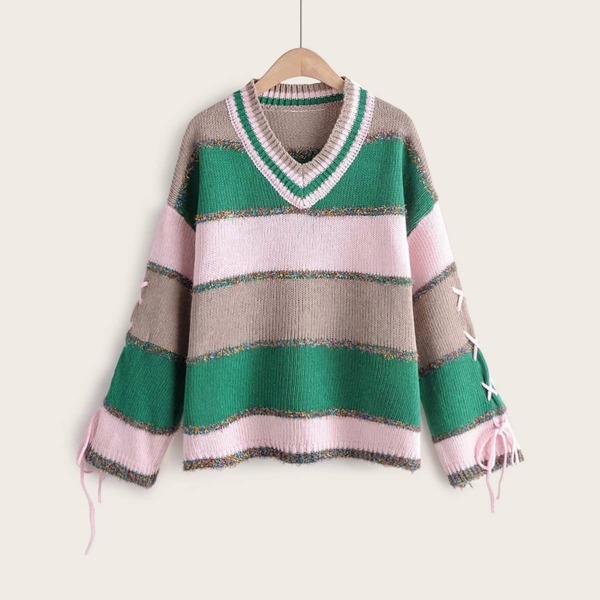 

Colorblock Lace-up Sleeve V Neck Sweater