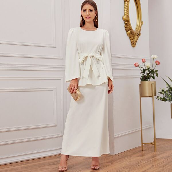 

Rhinestone Detail Belted Blouse & Maxi Skirt Set, White