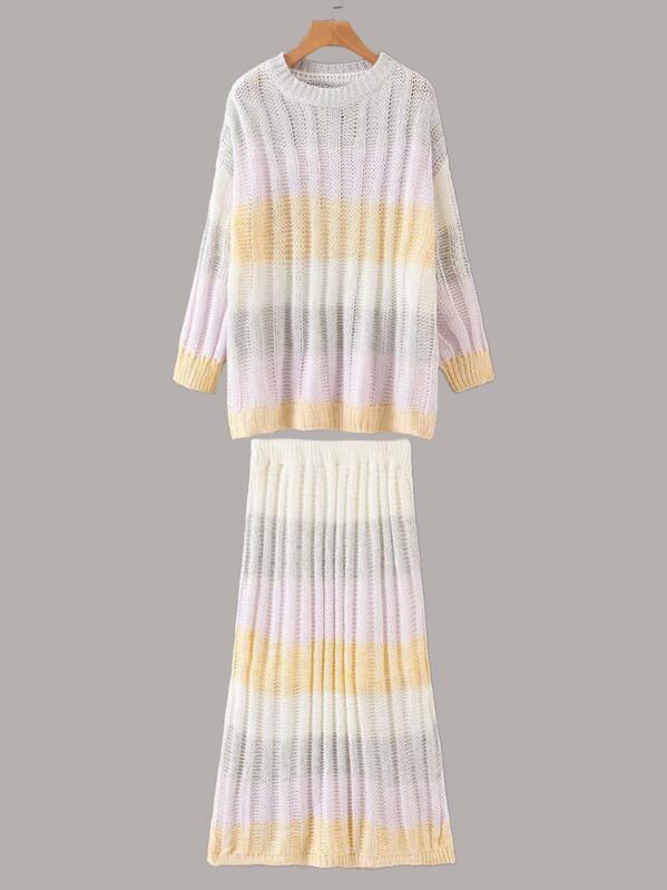 

Loose Knit Colorblock Sweater & Skirt Set, Multicolor