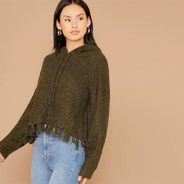 

Frayed Edge Knitted Pullover Hooded Sweater, Army green