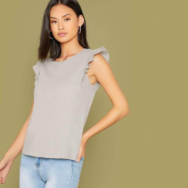 

Crew Neck Ruffle Trim Slub Knit Tank Top