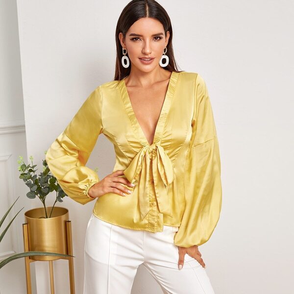 

Tie Neck Button Through Satin Blouse, Yellow