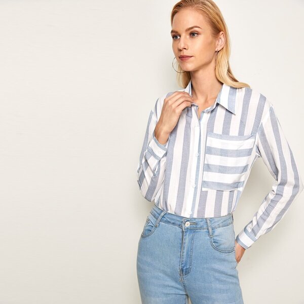 

Striped Pocket Button Through Blouse