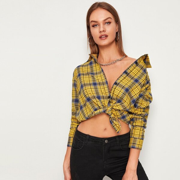 

Plaid Curved Hem Button Front Blouse, Multicolor
