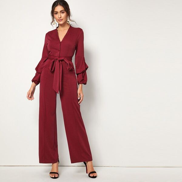 

V-Neck Button Front Belted Shirt Jumpsuit