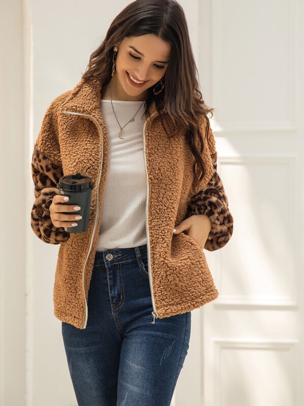 

Contrast Leopard Print Zip-up Teddy Coat, Brown, Juliana