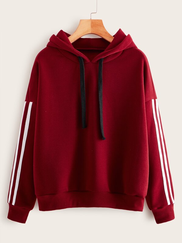 

Side Stripe Drawstring Hooded Sweatshirt, Burgundy