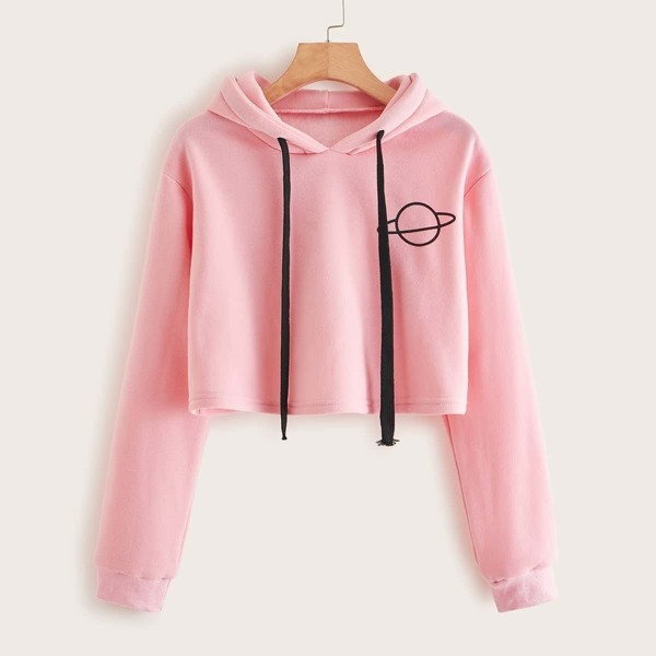 

Celestial Body Print Crop Drawstring Hooded Sweatshirt, Pink
