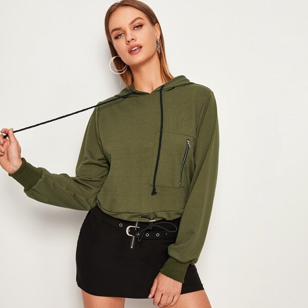 

Zipper Detail Drawstring Hooded Sweatshirt, Army green