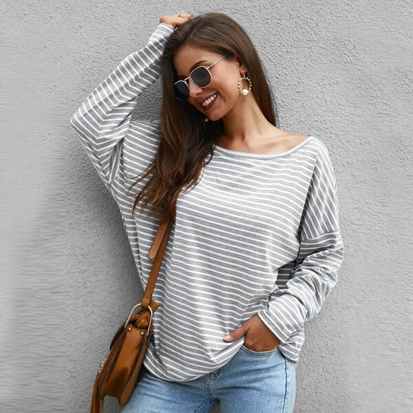 

Striped Boat Neck Long Sleeve Tee, Grey