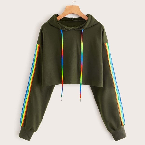 

Rainbow Stripe Tape Drawstring Crop Hoodie, Army green