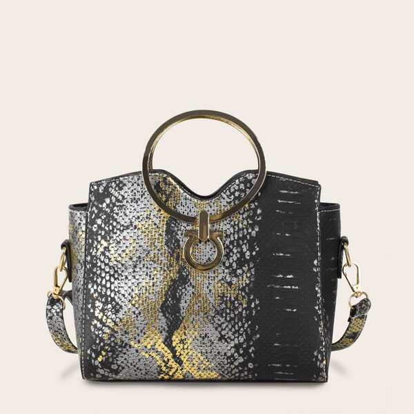 

Snakeskin Print Satchel Bag With Ring Handle