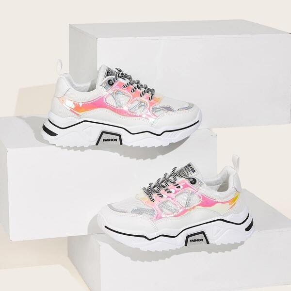 

Lace-up Front Holographic Panel Trainers, Multicolor