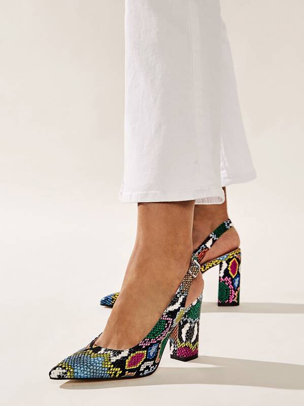 Point Toe Snakeskin Chunky Heels, Multicolor