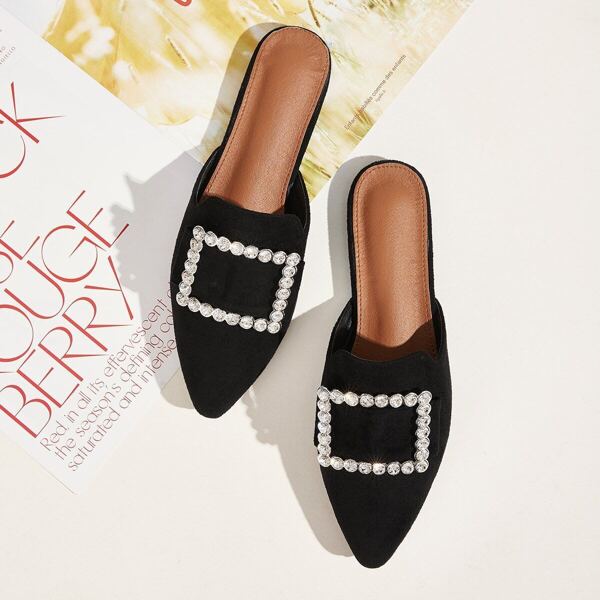 

Rhinestone Decor Point Toe Flat Mules