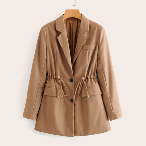 

Drawstring Waist Pocket Side Solid Blazer, Khaki