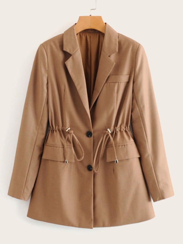 

Drawstring Waist Pocket Side Solid Blazer, Khaki