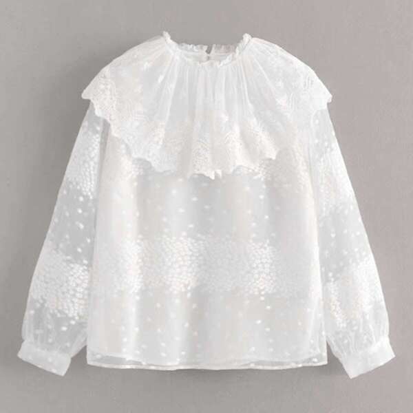 

Embroidery Mesh Ruffle Trim Sheer Blouse, White