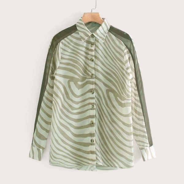 

Zebra Stripe Mesh Panel Blouse