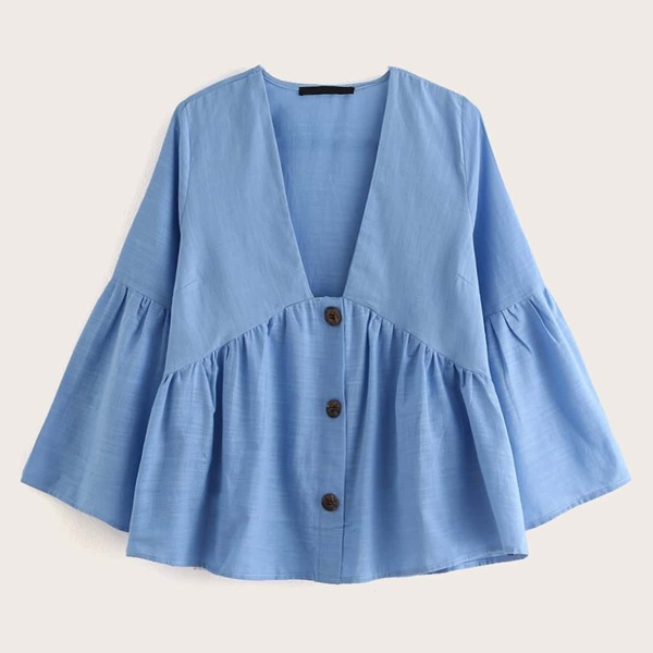 

Button Front Bell Sleeve Peplum Blouse, Blue