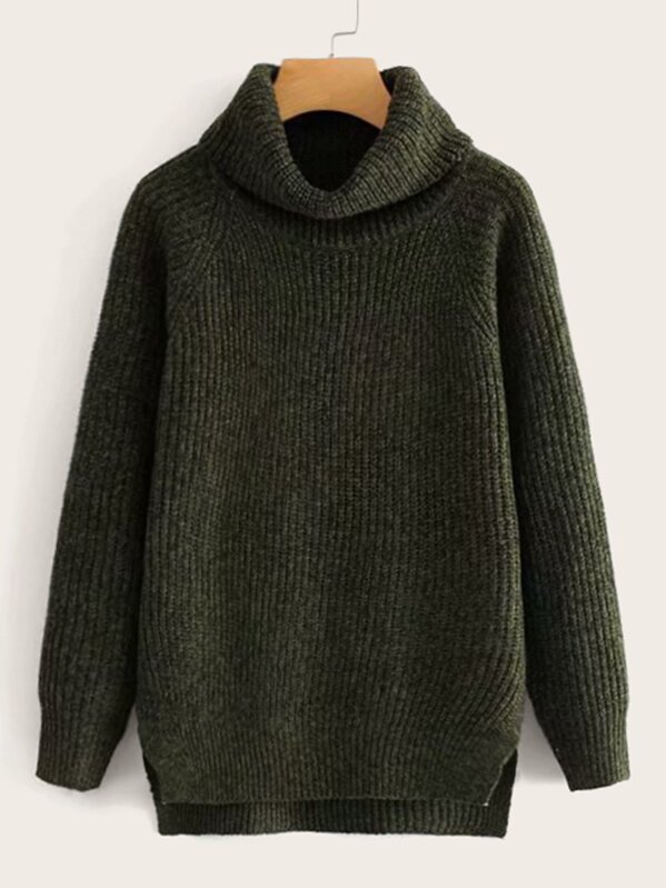 

High Neck Cable Knit High Low Jumper, Green