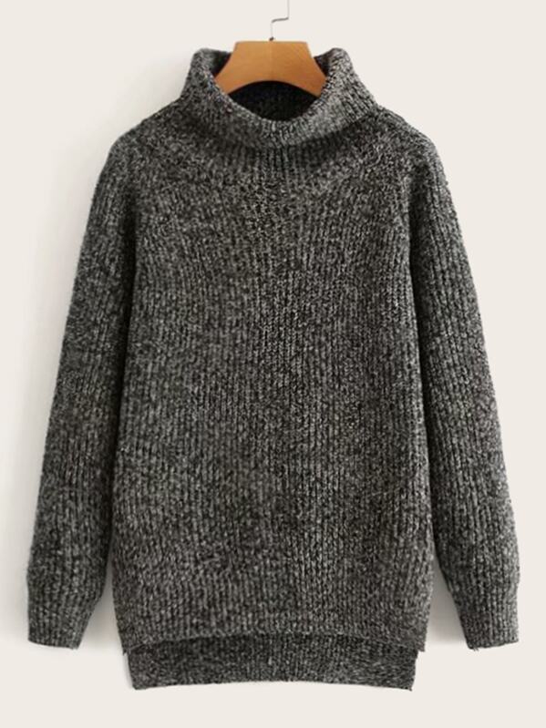 

High Neck Cable Knit High Low Jumper, Black