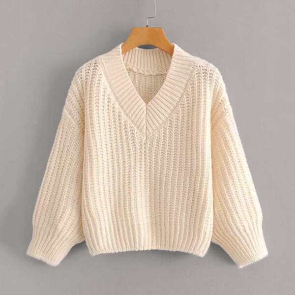 

V-neck Cable Knit Solid Sweater, Beige